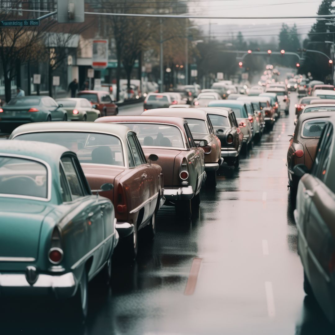 Vintage Cars Stuck in Traffic on Rainy Day - Free Images, Stock Photos and Pictures on Pikwizard.com