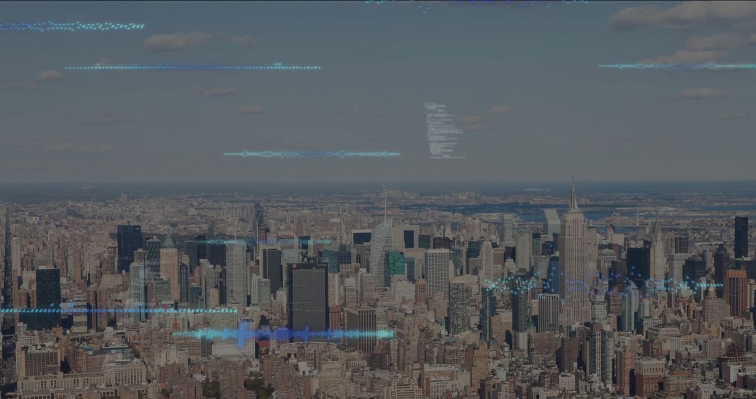 Urban Skyline Aerial View with Digital Overlay Elements