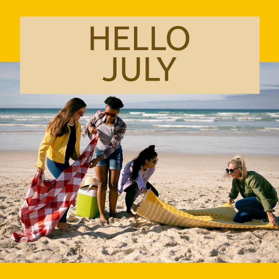 Composition of hello july text over diverse female friends at beach - Download Free Stock Templates Pikwizard.com