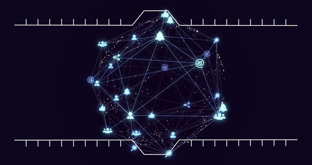 Digital Network Globe with Glowing Blue Icons on Black Background