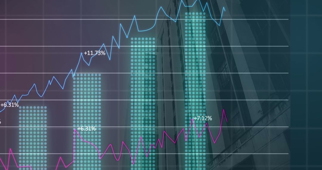 Data Charts Overlaying Spectral Cityscape Highlighting Profit Growth