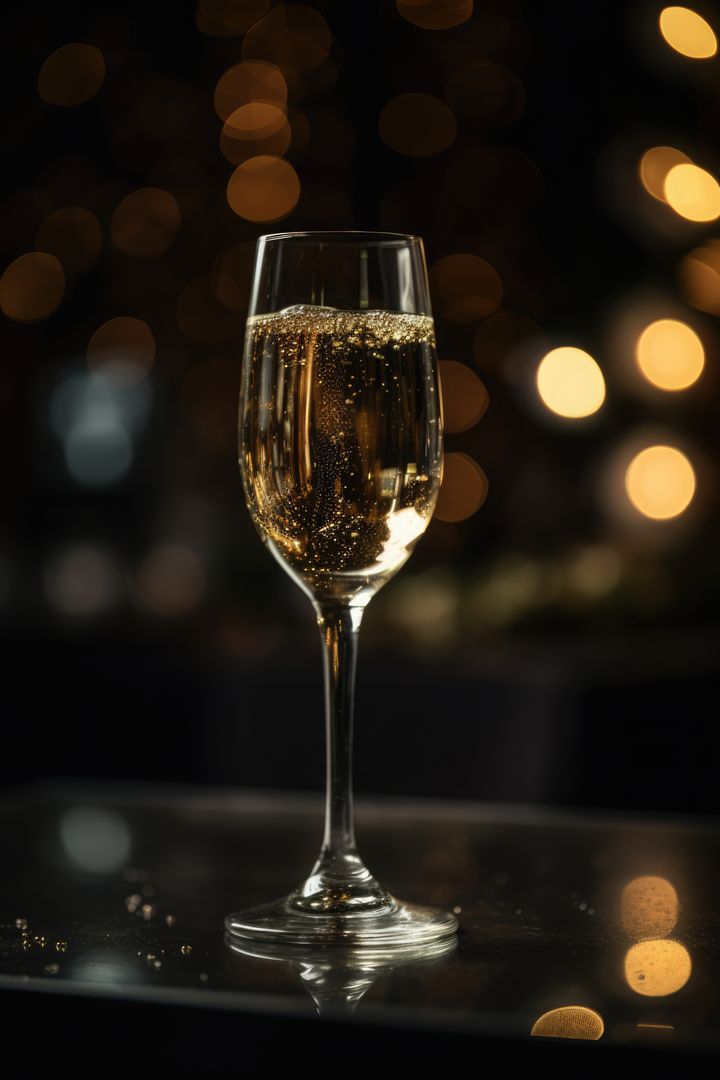 Close-Up of Champagne Glass with Golden Bokeh Lights - Free Images, Stock Photos and Pictures on Pikwizard.com