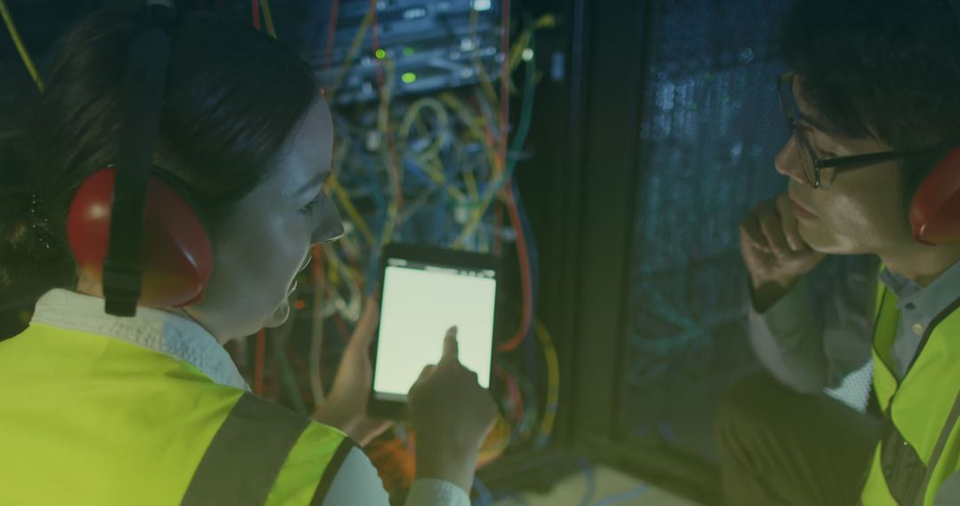 Network Engineers Collaborating in High-Tech Data Center
