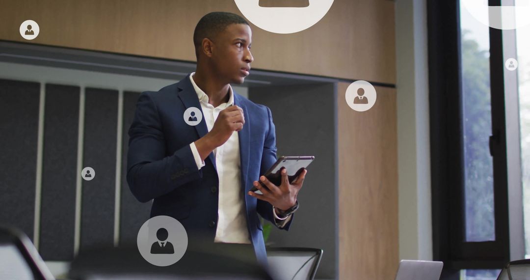 Confident Businessman Navigating Digital Network in Modern Office