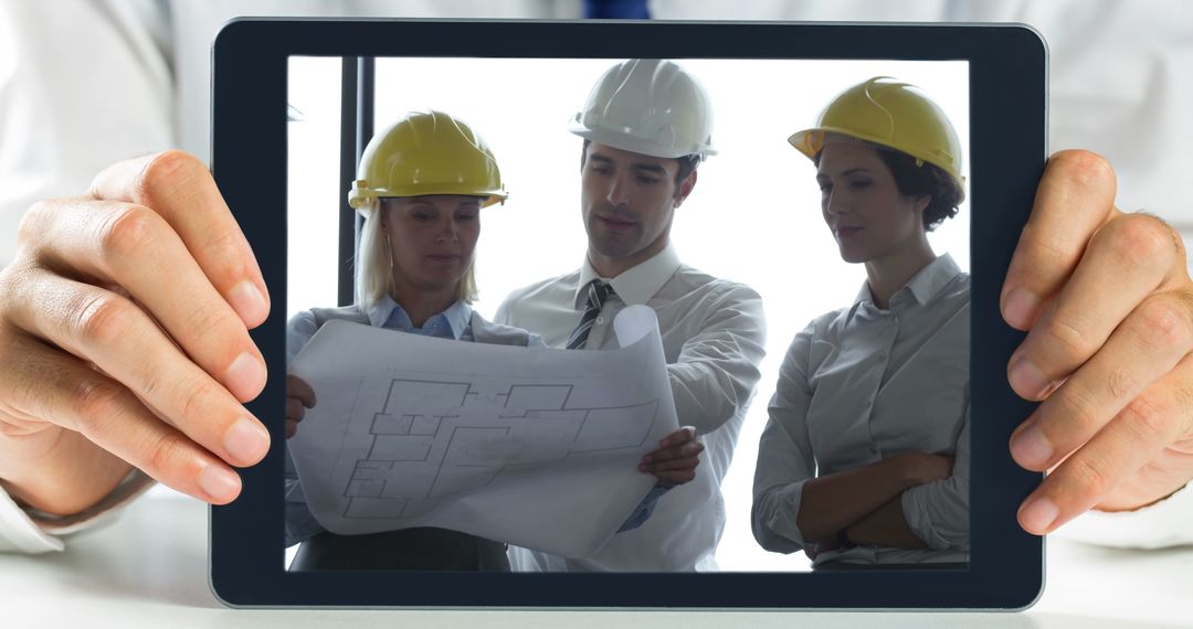Architect Discussing Blueprints on Tablet with Diverse Team
