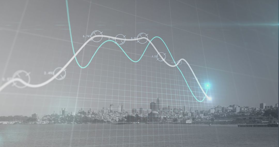 Digital Connections Over Cityscape with Graph Overlay