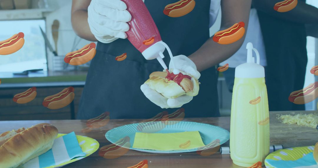 Chef Adding Ketchup to Hot Dog with Playful Overlay