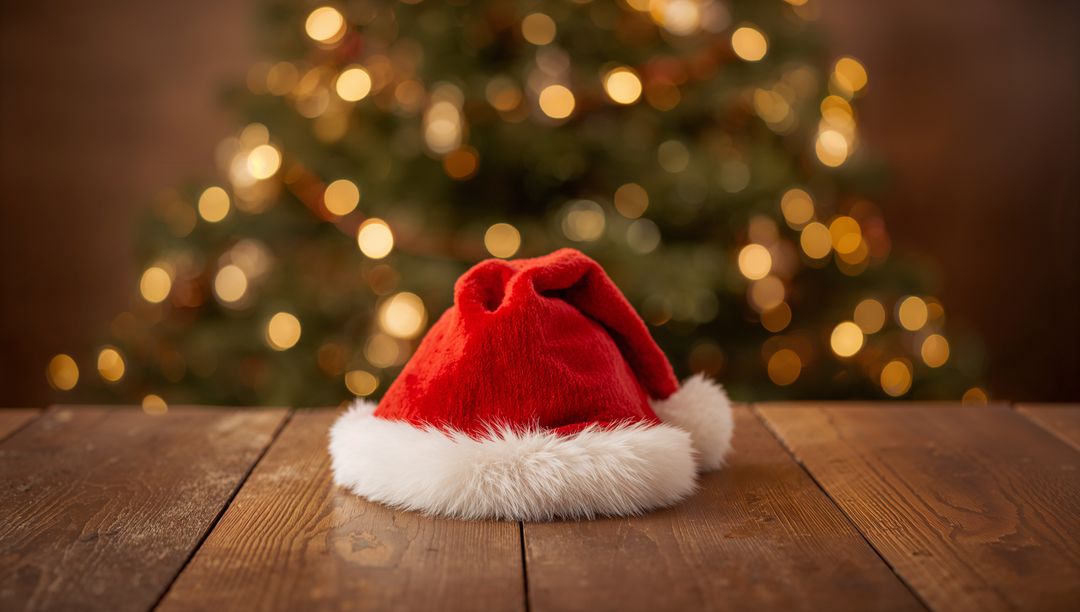 Red Santa Hat Resting on Rustic Wood Table with Warm Christmas Tree Light Bokeh Holiday Decor