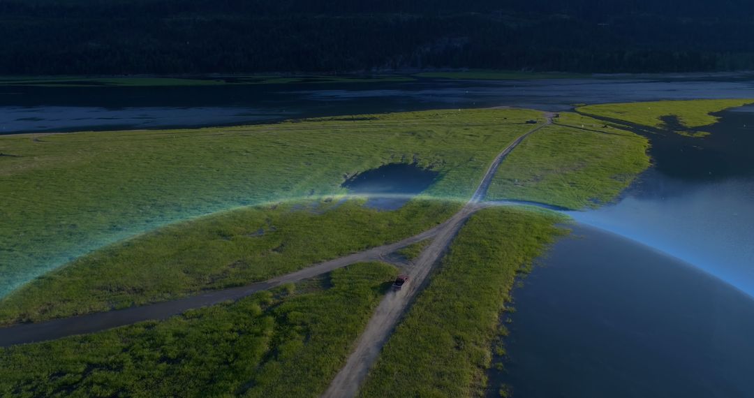 Globe Overlay on River Landscape Imagery for Technological Themes