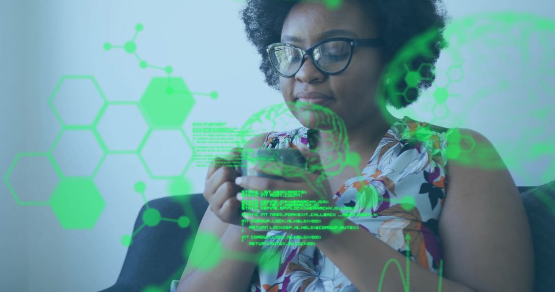 Woman Relaxing on Couch With Futuristic Holographic Display