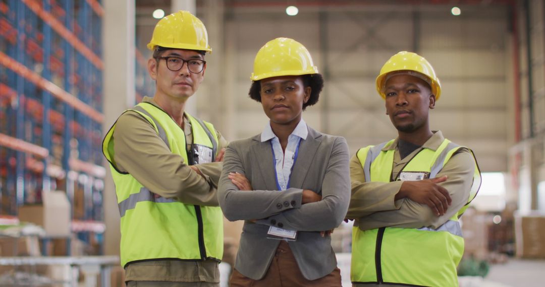 Diverse Engineers in Safety Gear Working in Warehouse - Free Images, Stock Photos and Pictures on Pikwizard.com