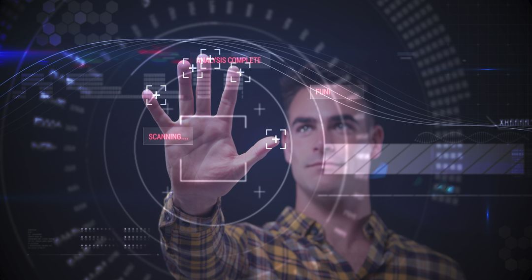 Man Interacting with Futuristic Touchscreen Interface