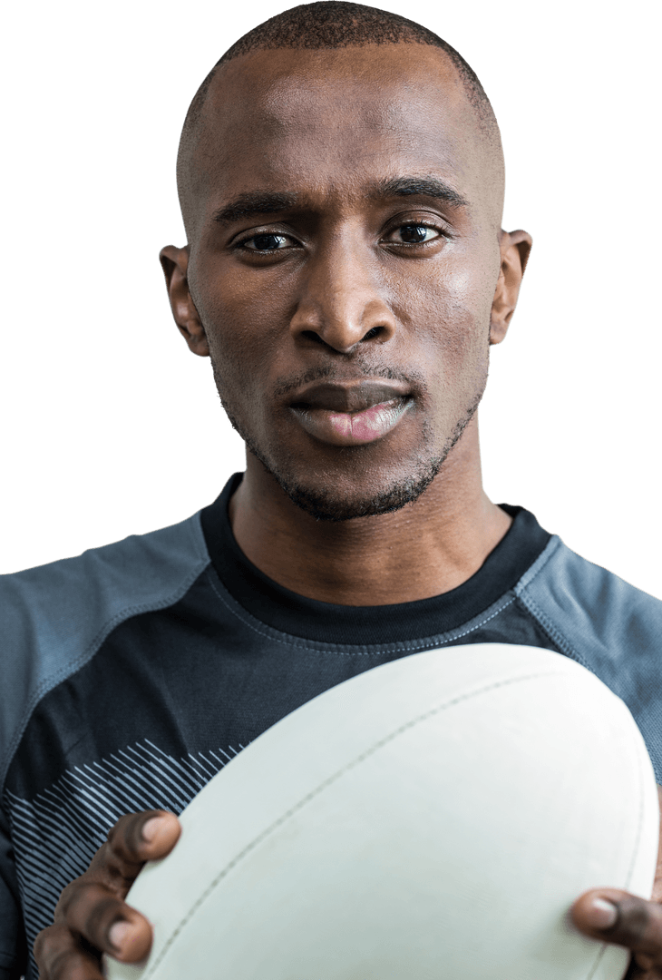 Transparent Background Thoughtful Rugby Player Holding Ball Close Up