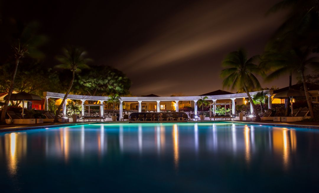 Luxurious Resort Pool Illuminated at Night with Palm Trees