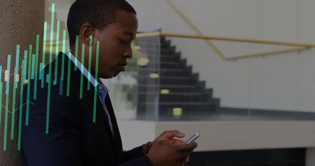 Businessman Analyzing Data on Smartphone in Modern Office Space