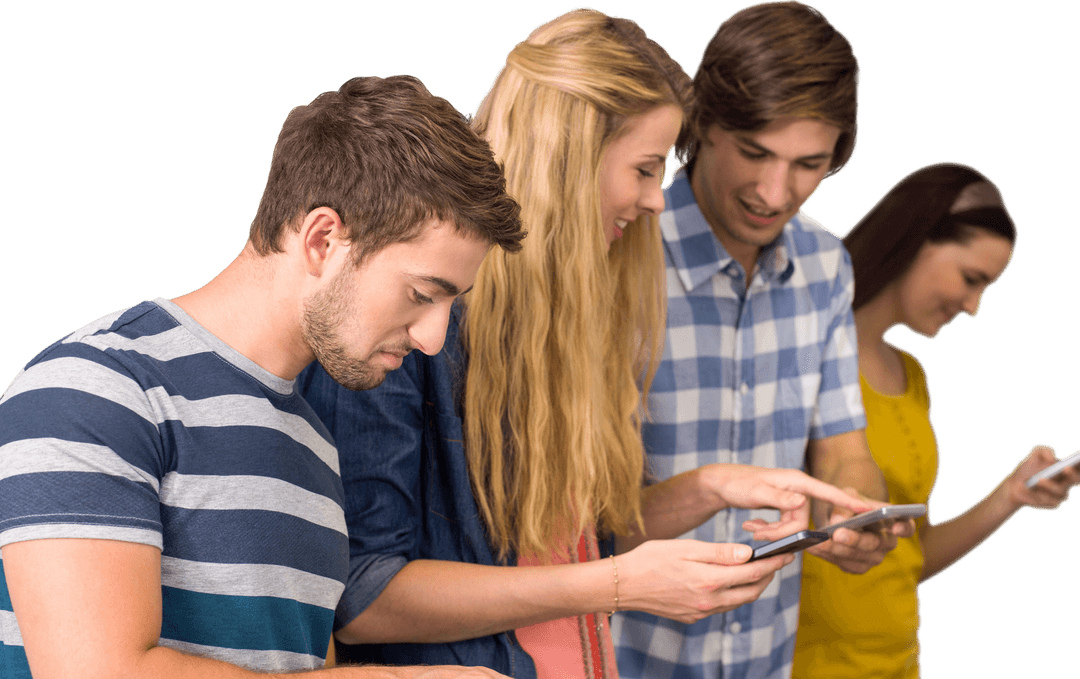 Transparent Side View Young Adults Engaging with Smartphones