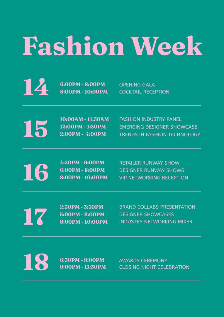 Fashion Week Event Schedule on Teal Background with Pink Details - Download Free Stock Templates Pikwizard.com