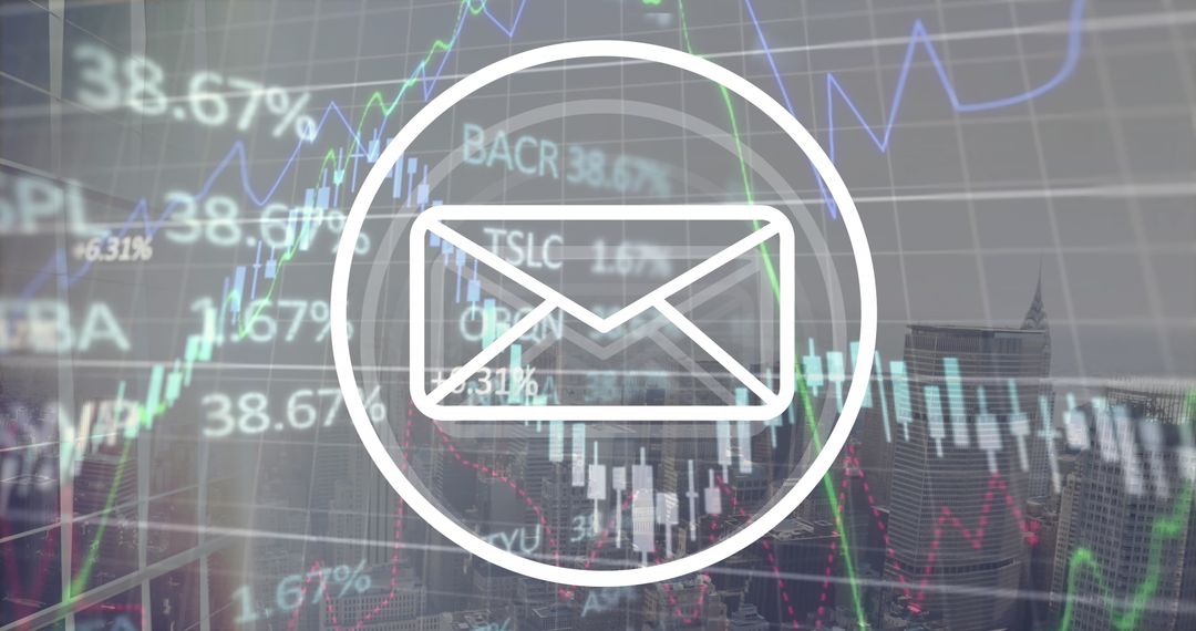 Financial Data with Mail Icon over Cityscape