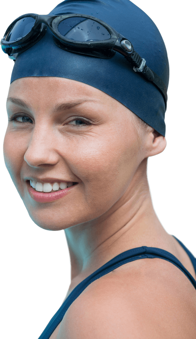 Transparent Smiling Woman in Swimming Cap and Goggles