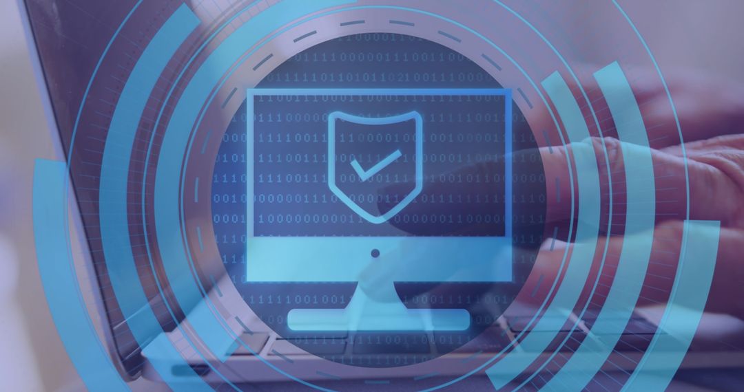 Senior Man Using Laptop with Digital Padlock Overlay