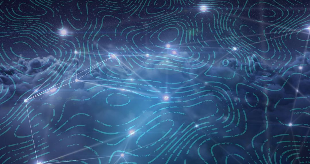 Digital Network Overlay with Graphic Isohypses Over Clouds