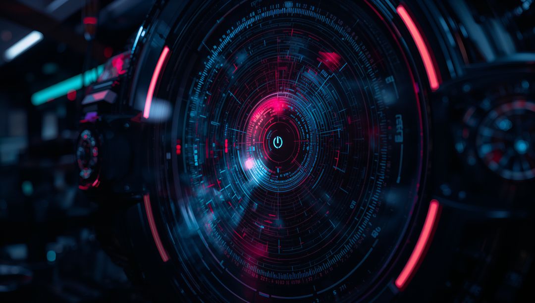 Futuristic Circular Holographic Interface in Neon Control Room