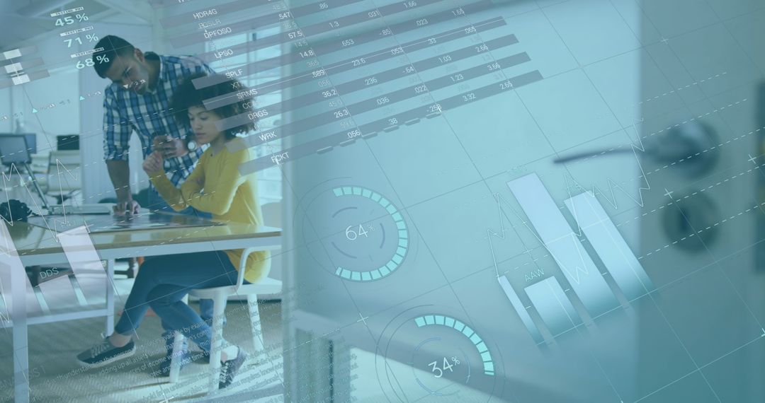 Diverse Colleagues Analyzing Data with Futuristic Infographics