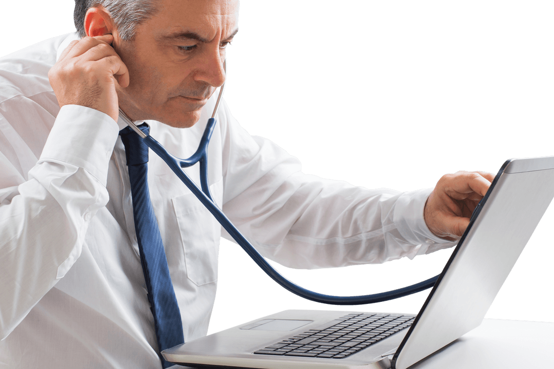 Transparent Businessman Checking Laptop with Stethoscope