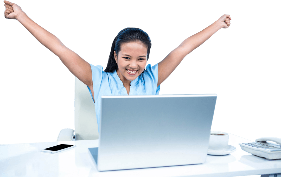 Joyful Woman Celebrating Success with Laptop in Transparent Style