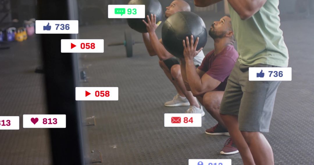 People Exercising with Digital Icons Overlay in Gym
