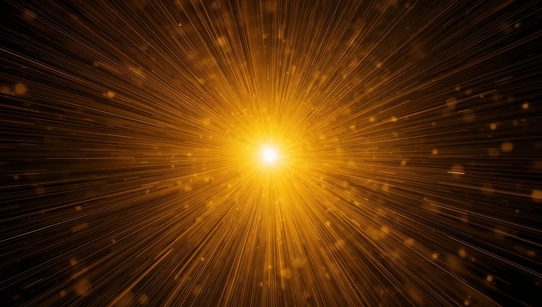 Golden Starburst Explosion Radiating Light Beams and Bokeh Particles on Dark Background