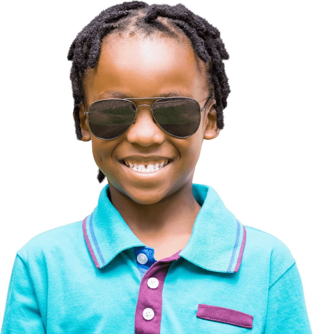 Happy Boy Wearing Sunglasses and Smiling on Transparent Background