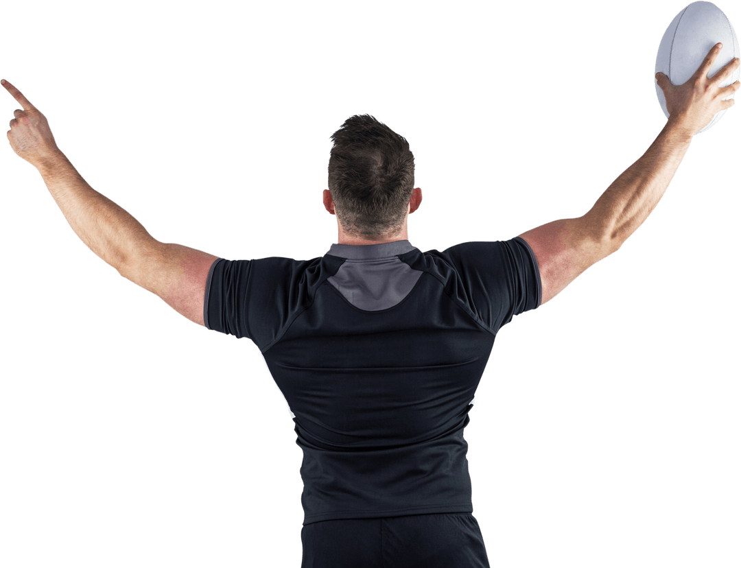 Rugby Player Celebrating Victory with Ball on Transparent Background