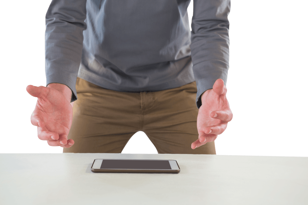 Businessman Gesturing Over Tablet with Transparent Background