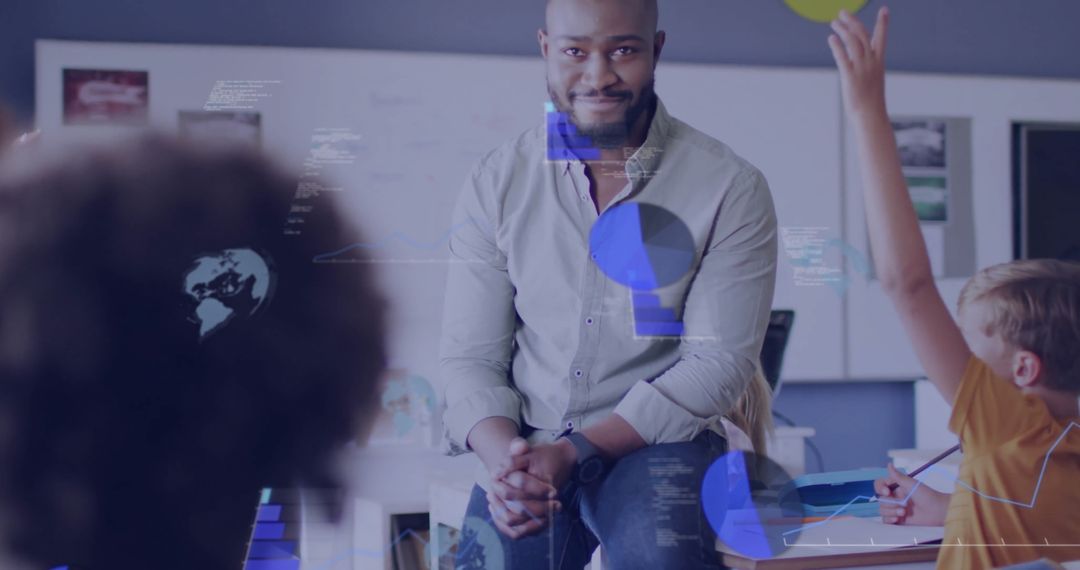 Smiling Teacher Engaging with Students in Data-Infused Classroom