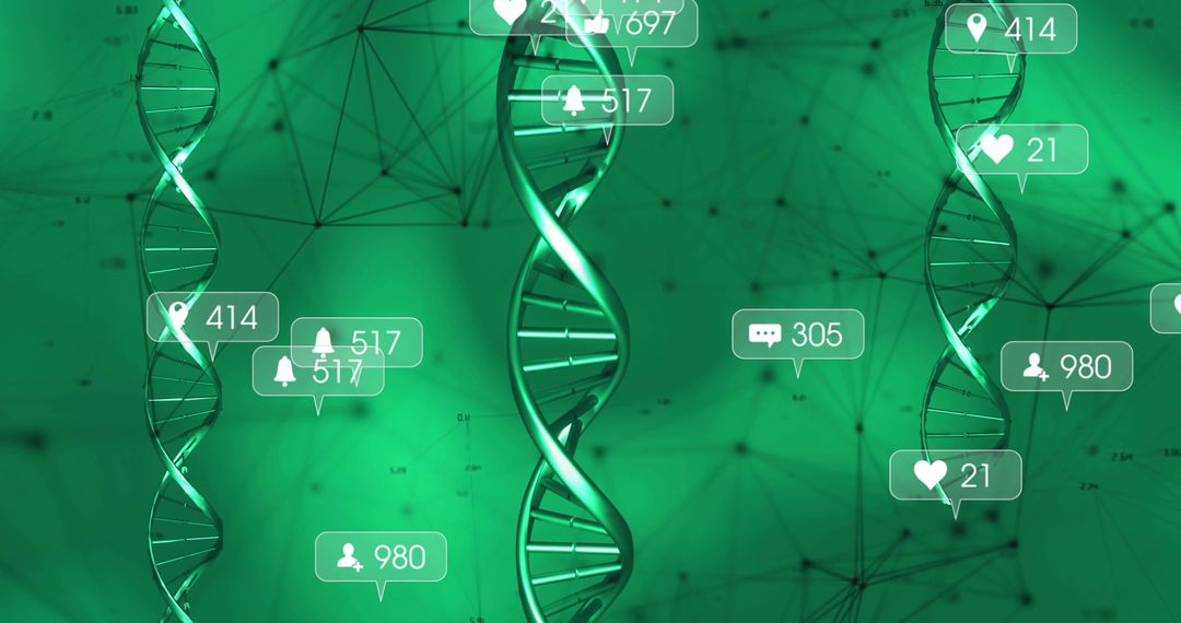 Glowing DNA Helices Floating with Notification Badges in Futuristic Green Data Network