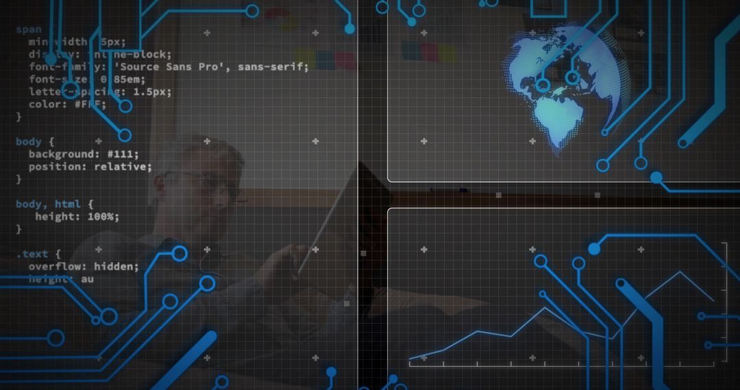 Mid-Age Man Typing on Laptop with Futuristic Holographic Code and Circuitry Overlay