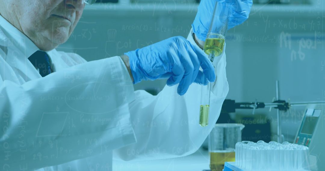 Scientist Analyzing Liquid in Laboratory with Formulas Overlay