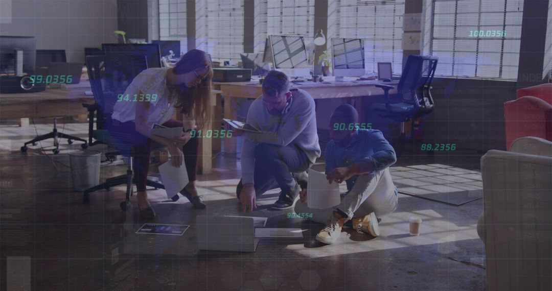 Diverse Team Collaborating in Modern Office with Digital Data Overlays