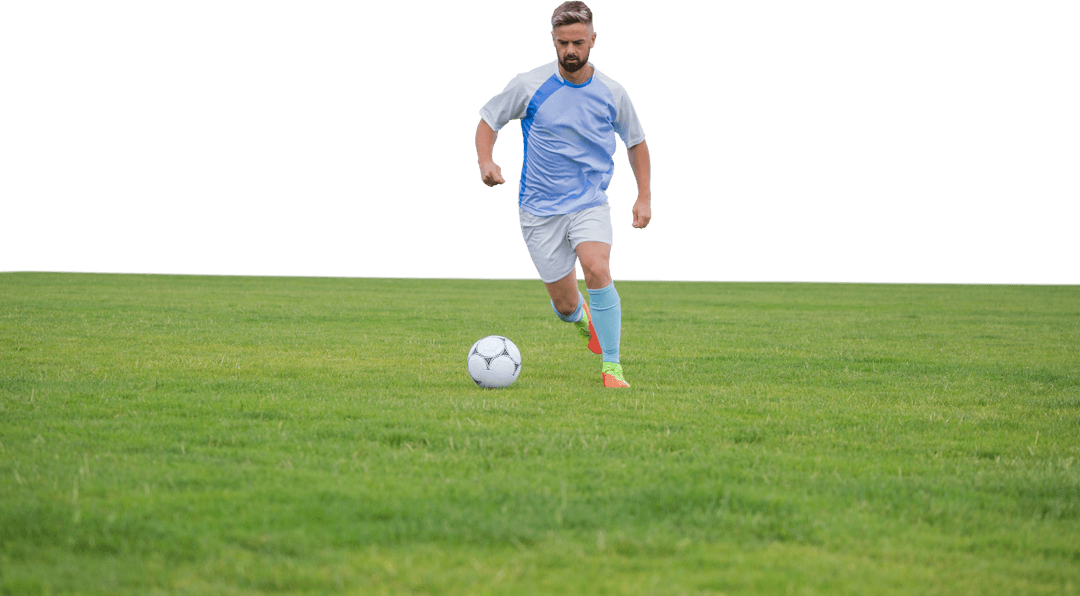 Transparent Soccer Player Dribbling on Grass Field