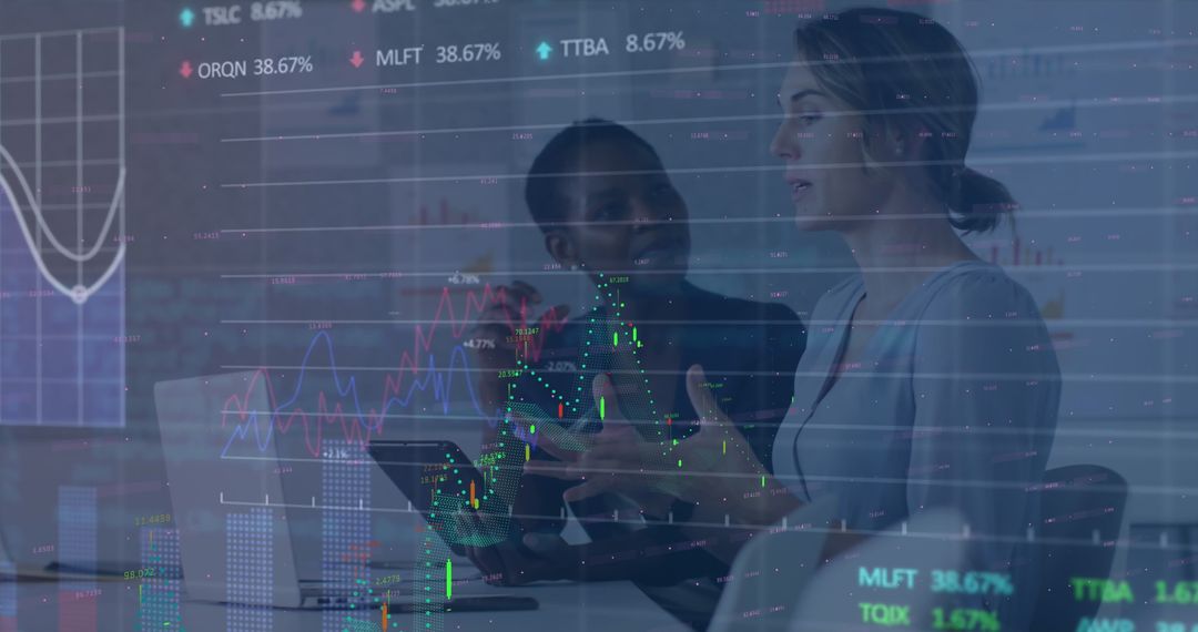 Two Businesswomen Analyzing Stock Market Trends and Data Visualization