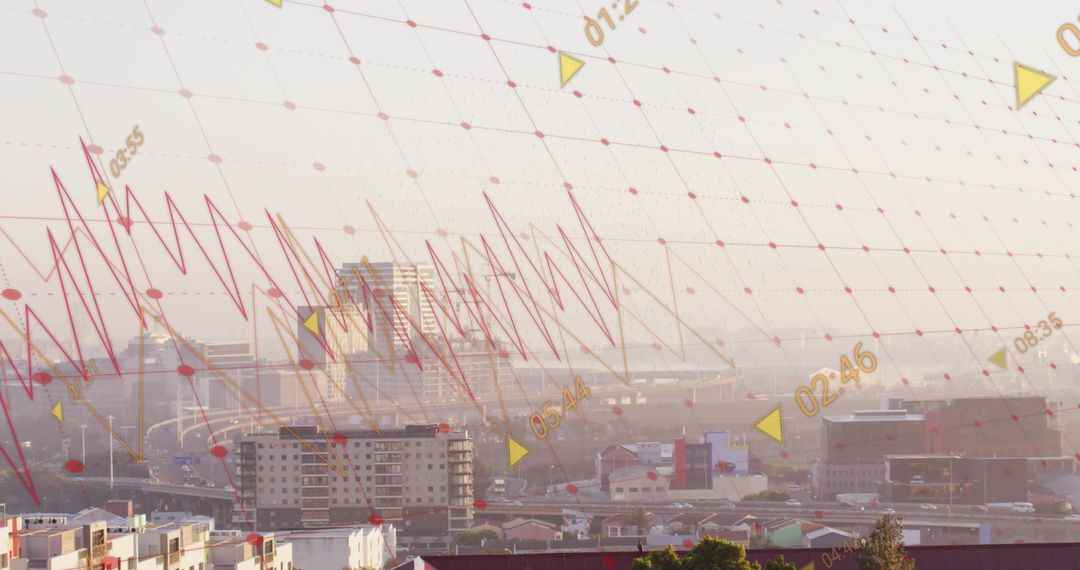 Hazy Urban Skyline with Digital Data Visualization Overlay
