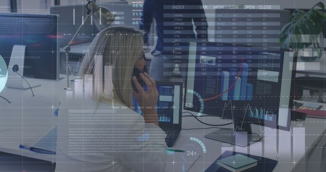 Businesswoman Analyzing Data on Office Computer Monitors