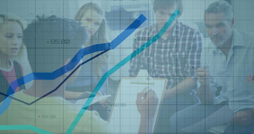 Business Team Analyzing Data with Growth Graph Overlay