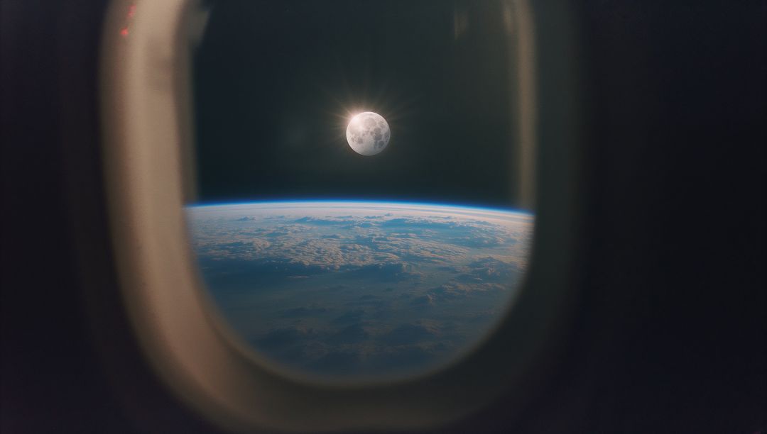 Full Moon Viewed Through Spacecraft Window with Earth Horizon