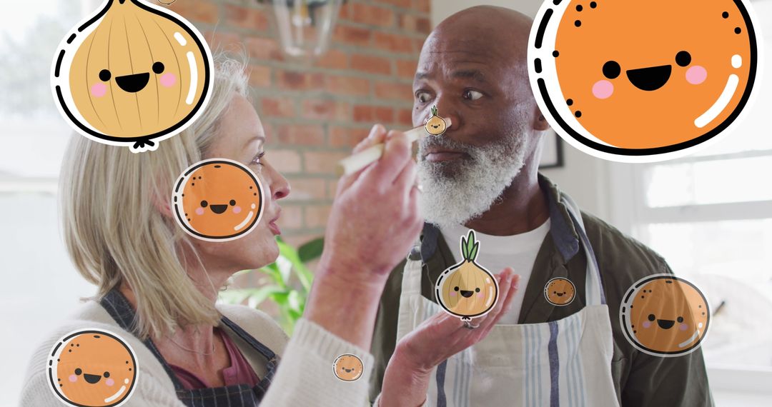 Playful Food Icons Adorning Couple in Kitchen Scene
