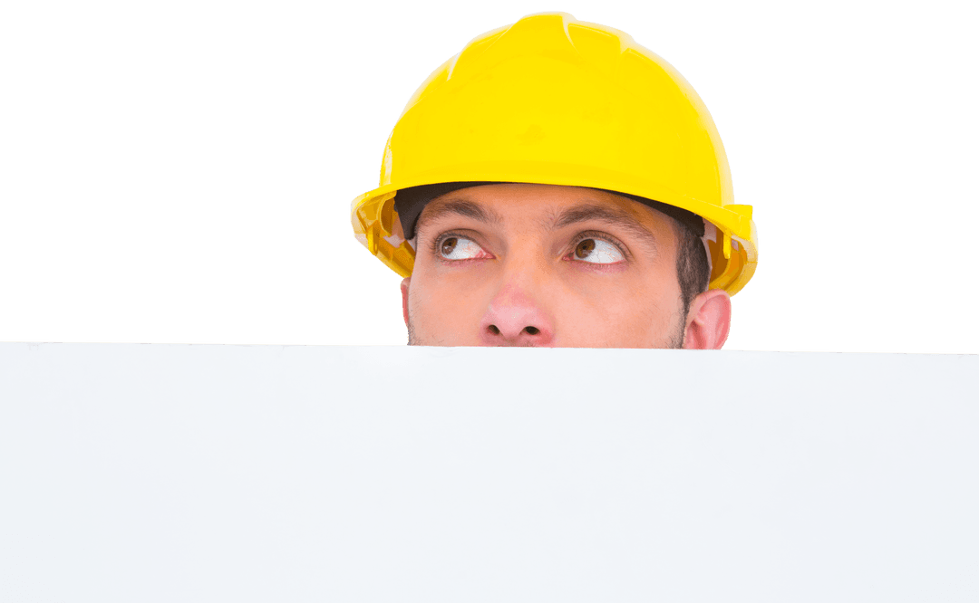 Head of Worker Peeking Over White Banner Transparent Background