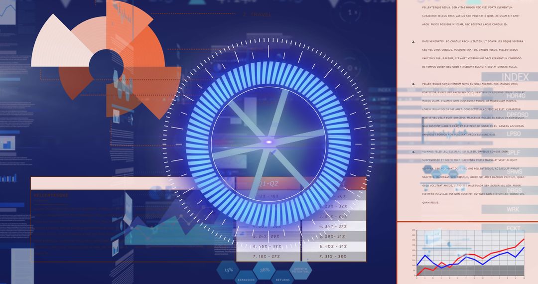 Futuristic digital data display with graphs and radar imagery