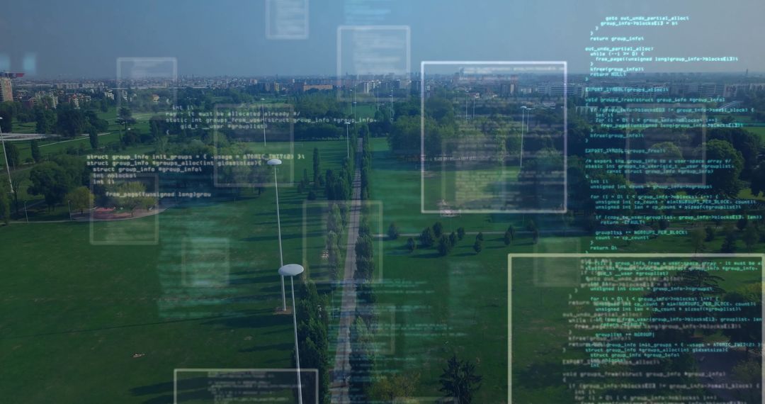 Digital Interface Over Urban Park with Tree-Lined Pathway