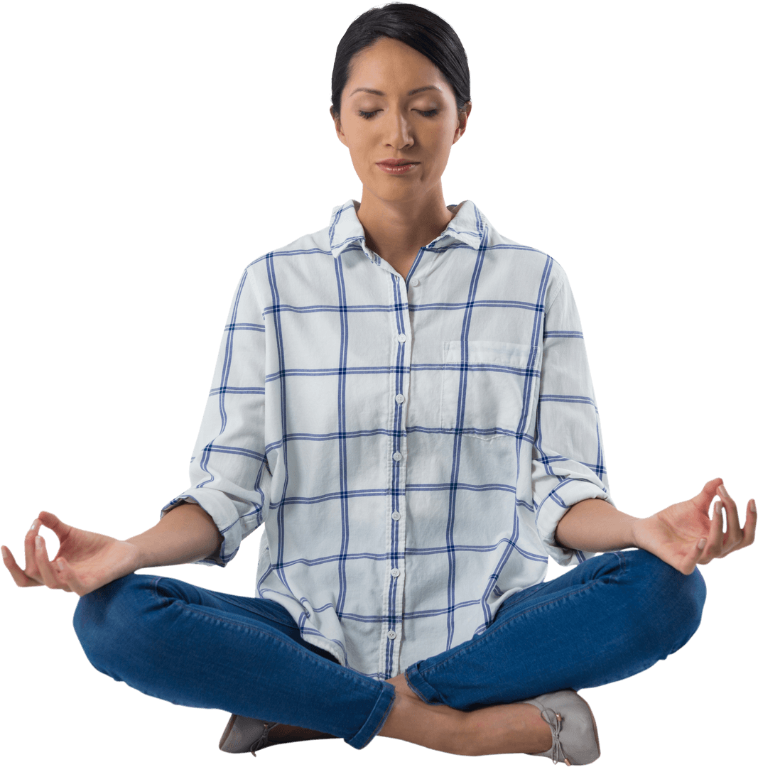 Serene Woman Practicing Yoga in Checkered Shirt Transparent